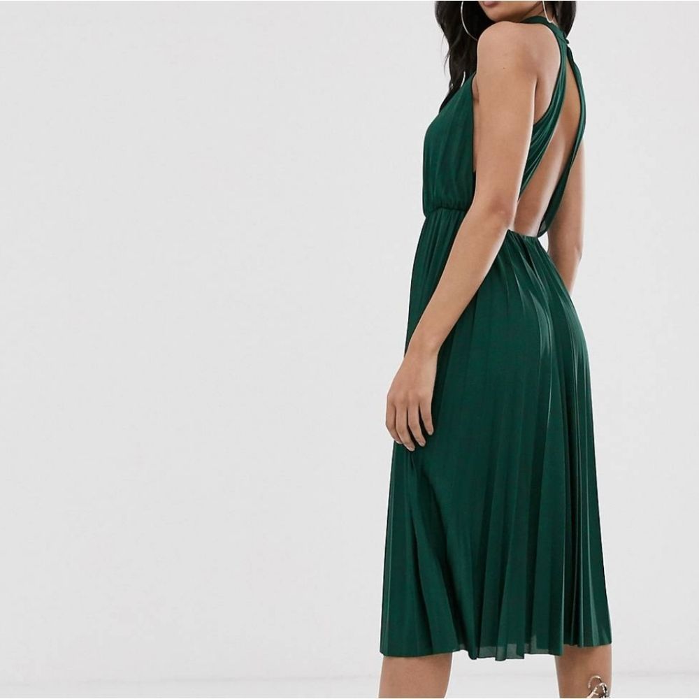 Asos Open Back Pleated Maxi Dress, Size 16, Forest Green, Satin